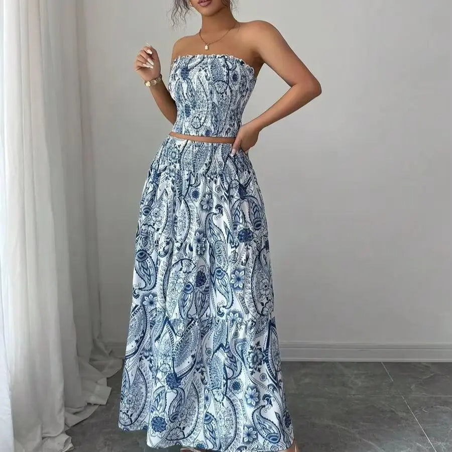 All-Over Print Strapless Casual Elegant Beach Wedding 2 Pieces Set (Top And Skirt) Summer