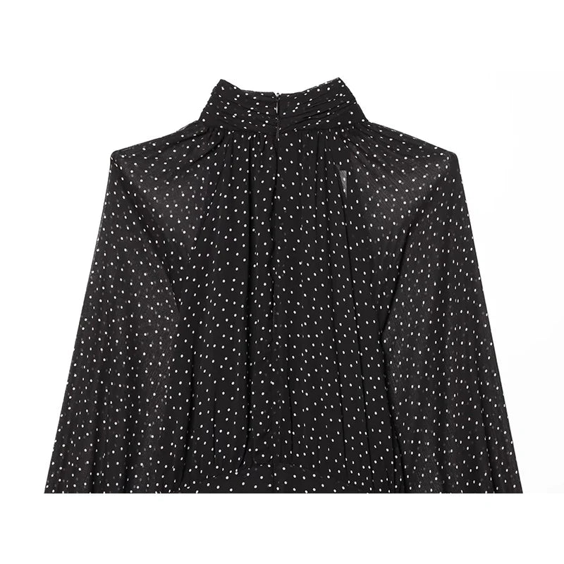 French Style Polka Dot High Neck Pleated Chiffon Dresses