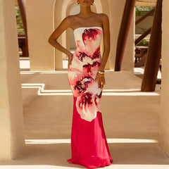 Sexy Tube Top Floral Printed One-piece Robes Summer Casual Off Shoulder Sleeveless Party Dresses