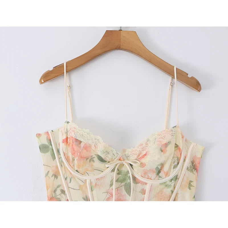 Sexy Romantic Floral Print Corset Maxi Dresses