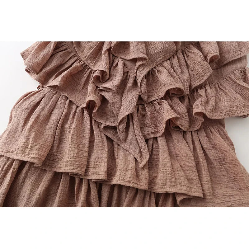 Brown Halter V-Neck Tiered Ruffle Mini Dresses