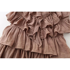 Brown Halter V-Neck Tiered Ruffle Mini Dresses