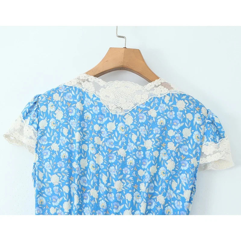 Lace Trim Blue Floral Print Elegant Summer Long Dresses
