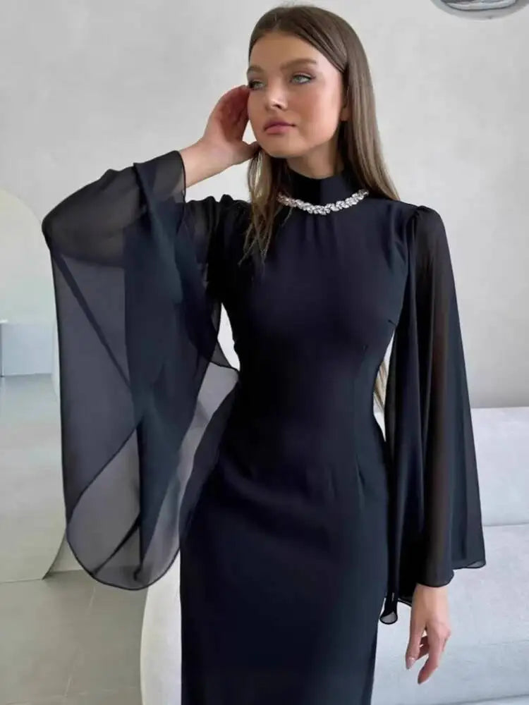 Temperament Half High Collar Bat Sleeve Diamond Gauze Splicing Dresses