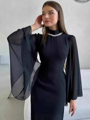 Temperament Half High Collar Bat Sleeve Diamond Gauze Splicing Dresses