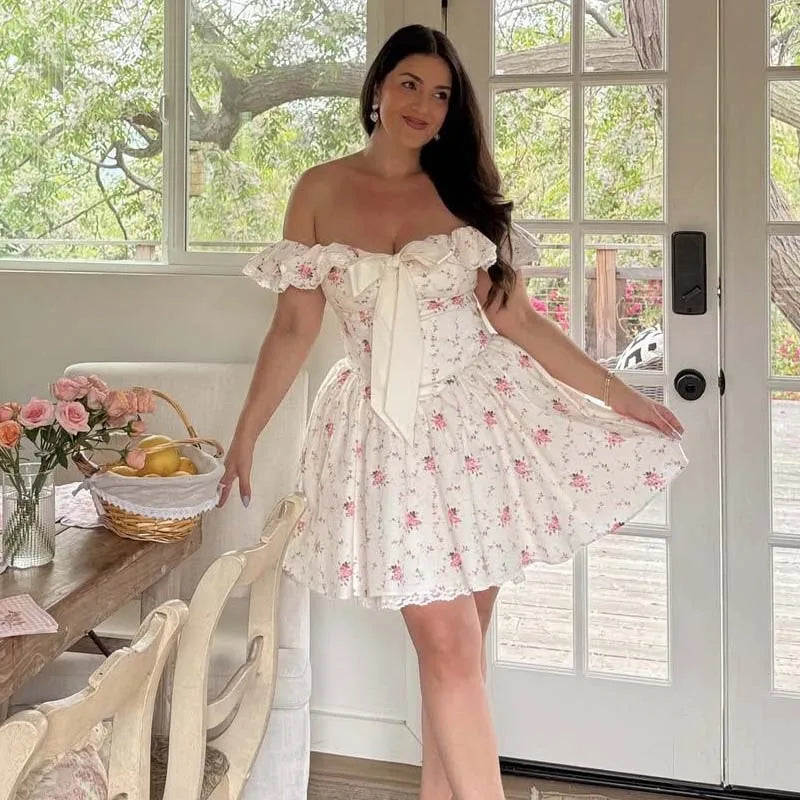 Summer Floral Print Bow Sexy Off Shoulder Dresses Short Sleeve Low Waist Elegant A-line Party Mini Dress