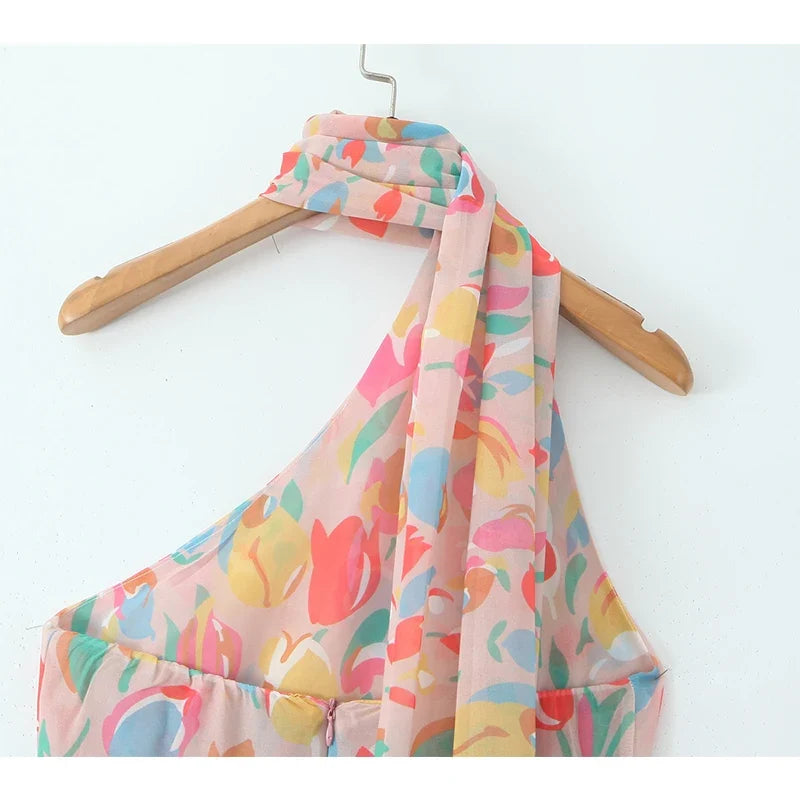 Multicolor Print Asymmetric Shoulder Halter Dresses