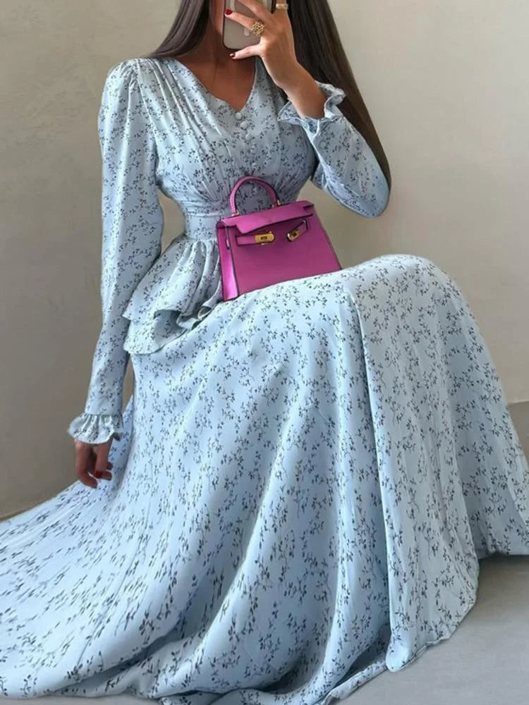 Fashionable V-neck Long Sleeved Waist Cinched Ruffle A-line Dresses