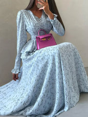 Fashionable V-neck Long Sleeved Waist Cinched Ruffle A-line Dresses