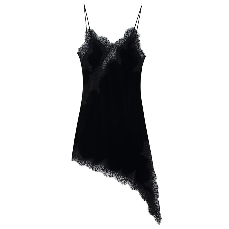 Thin Straps V Neck Lace Trim Velvet Mini Dresses Asymmetrical Sexy Vestidos