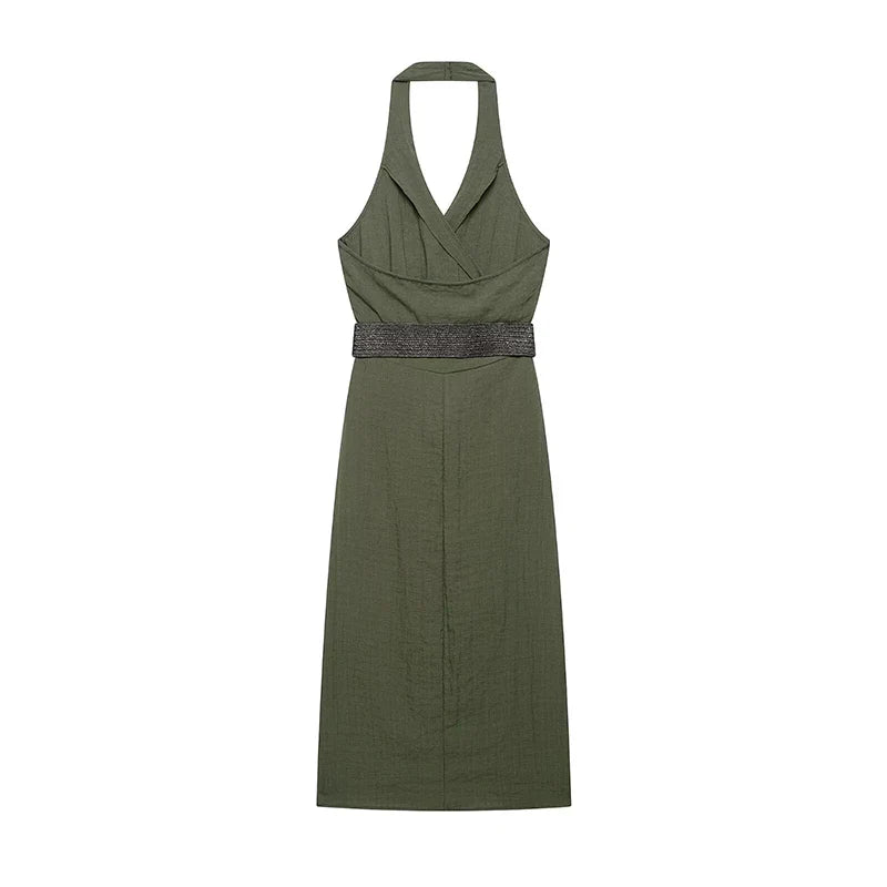Crinkled Halter Wrap Midi Dresses