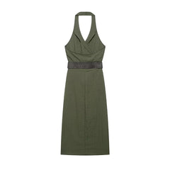 Crinkled Halter Wrap Midi Dresses