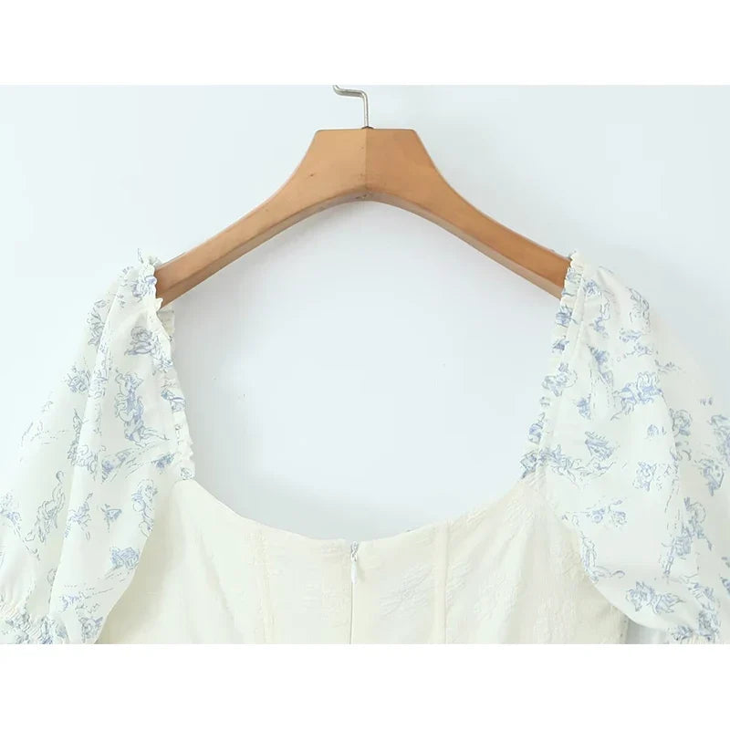 French Sweet Princess Floral Print Vacation Party Dresses Front Lace Up Puff Sleeve A-line Midi Summer Dress