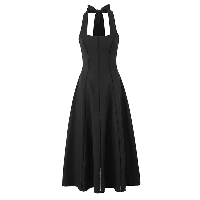 Vintage Elegant Black White Halter Midi Long Dresses A-line Slim Sexy Backless Dresses