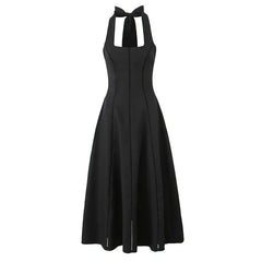 Vintage Elegant Black White Halter Midi Long Dresses A-line Slim Sexy Backless Dresses