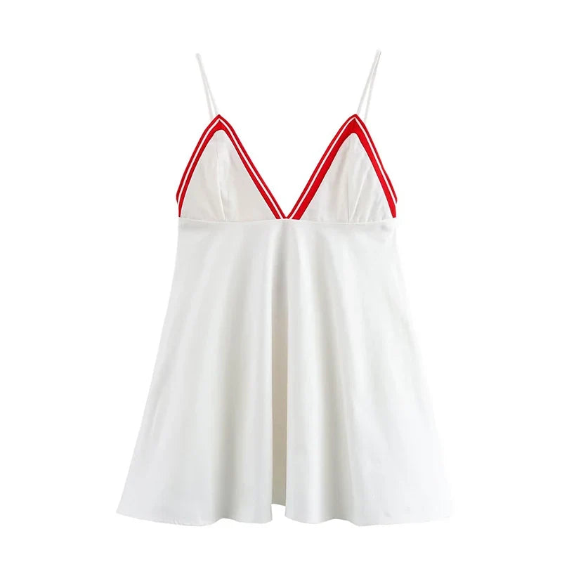 Contrasting Striped Ribbed Trim White Short Dresses