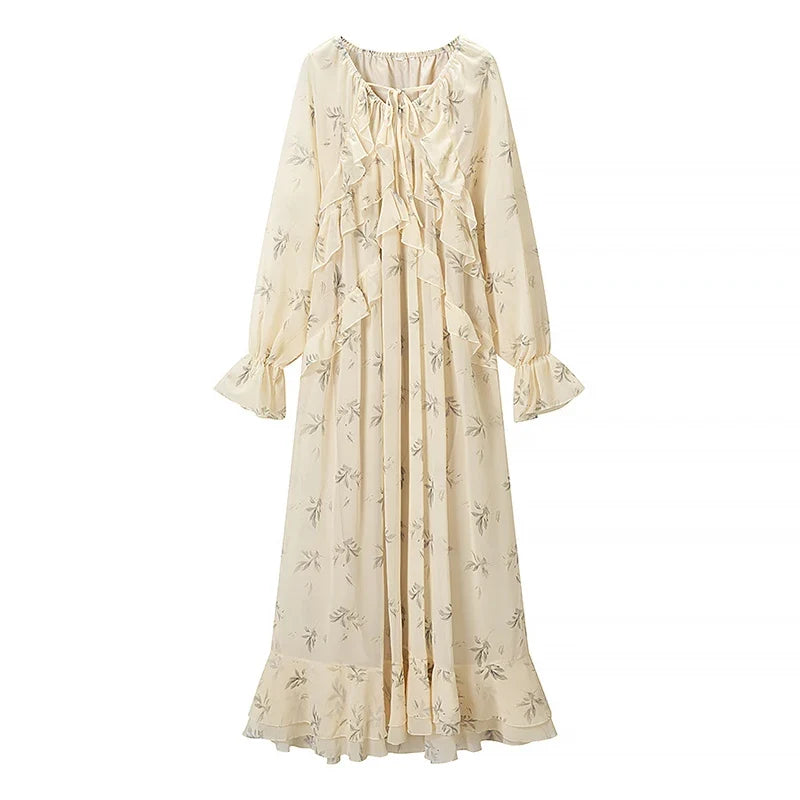 Floral Print Ruffle Trim Long Sleeve Maxi Dresses