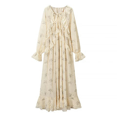 Floral Print Ruffle Trim Long Sleeve Maxi Dresses