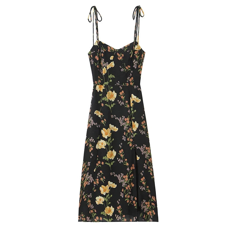 French Style Vintage Floral Print Sling Dresses