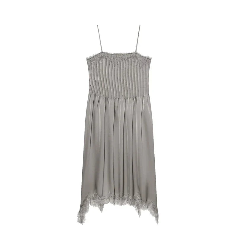 Grey Satin Pleated Midi Dresses