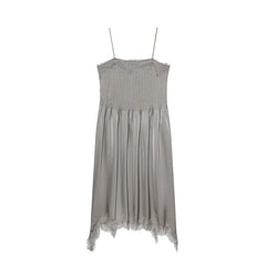 Grey Satin Pleated Midi Dresses