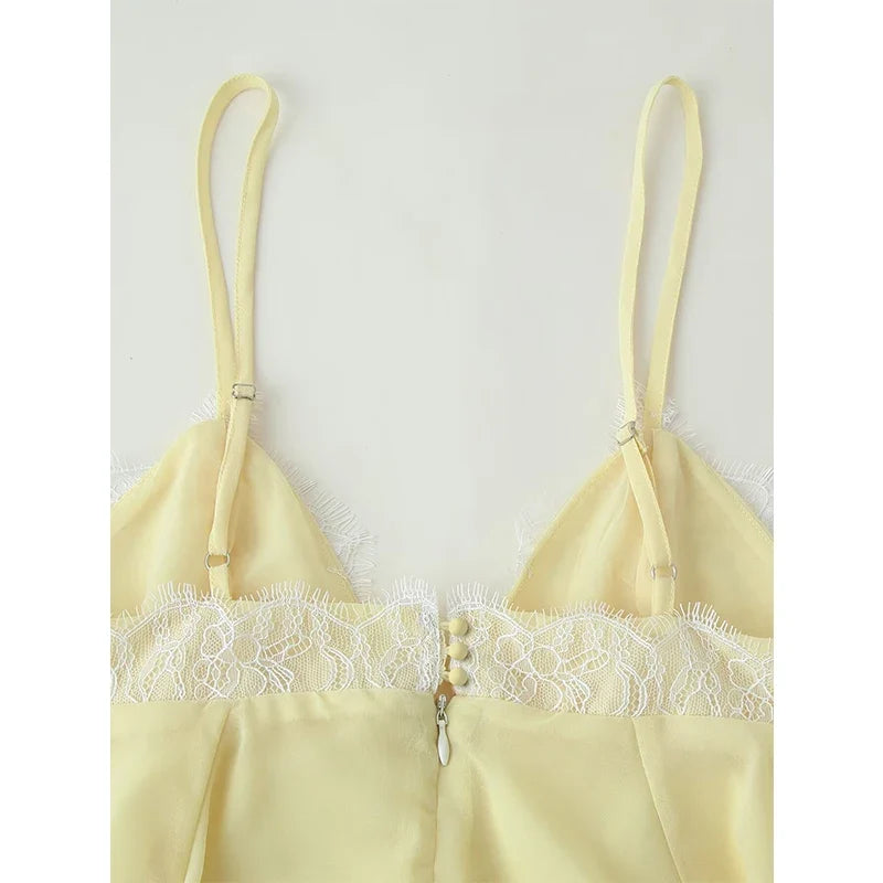 Sexy Spaghetti Straps Lace Trim Yellow Short Dresses V Neck A-line Beach Holiday Summer Vestidos