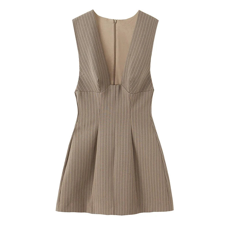Sleeveless V Neck Striped Short Dresses