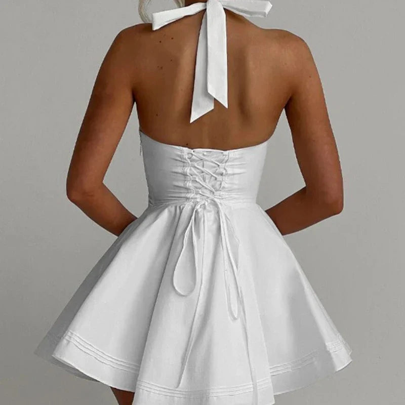 Sexy Deep V Halter White Mini Dresses