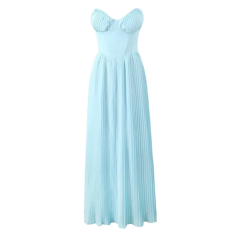 Elegant Blue Sexy Low Waist Pleated Strapless Dresses