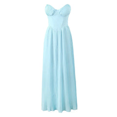 Elegant Blue Sexy Low Waist Pleated Strapless Dresses