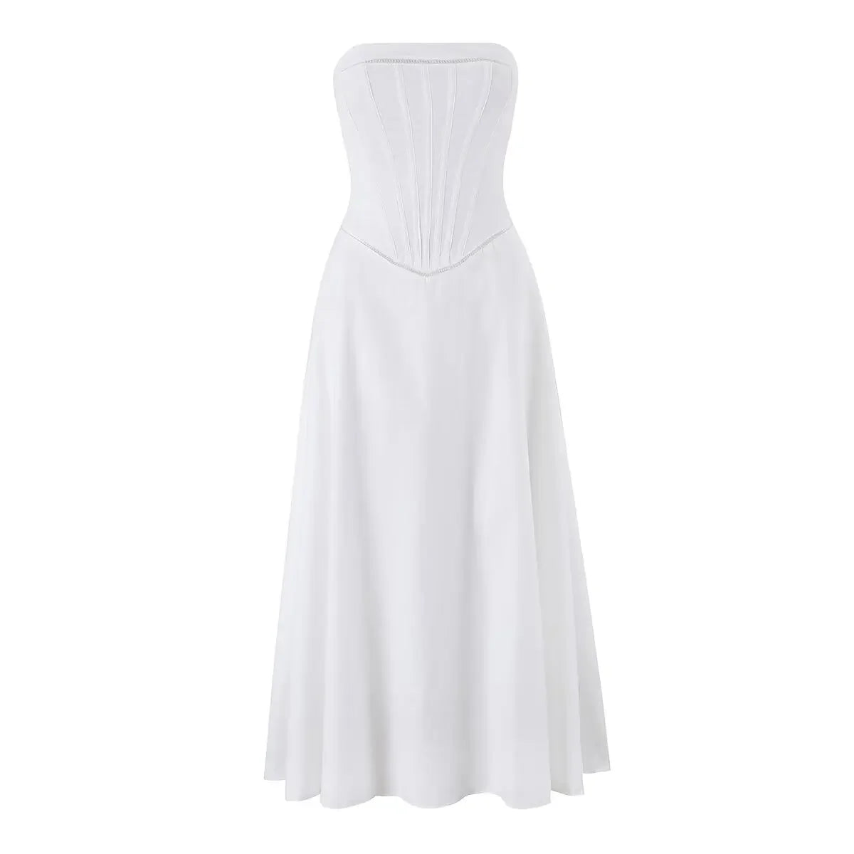 White Corset Strapless Midi Dresses