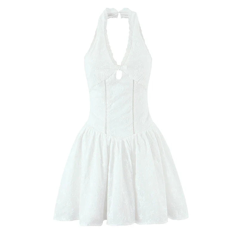 Sweet Girl Floral Embroidery White Halter Mini Dresses
