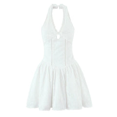 Sweet Girl Floral Embroidery White Halter Mini Dresses