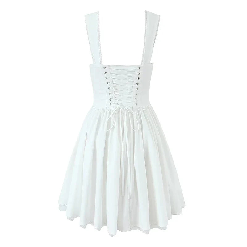 Sweet Elegant Lace Spliced Bandage Sleeveless White Dresses