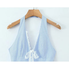 White Lace Trim Pink Blue Striped Halter Mini Dresses