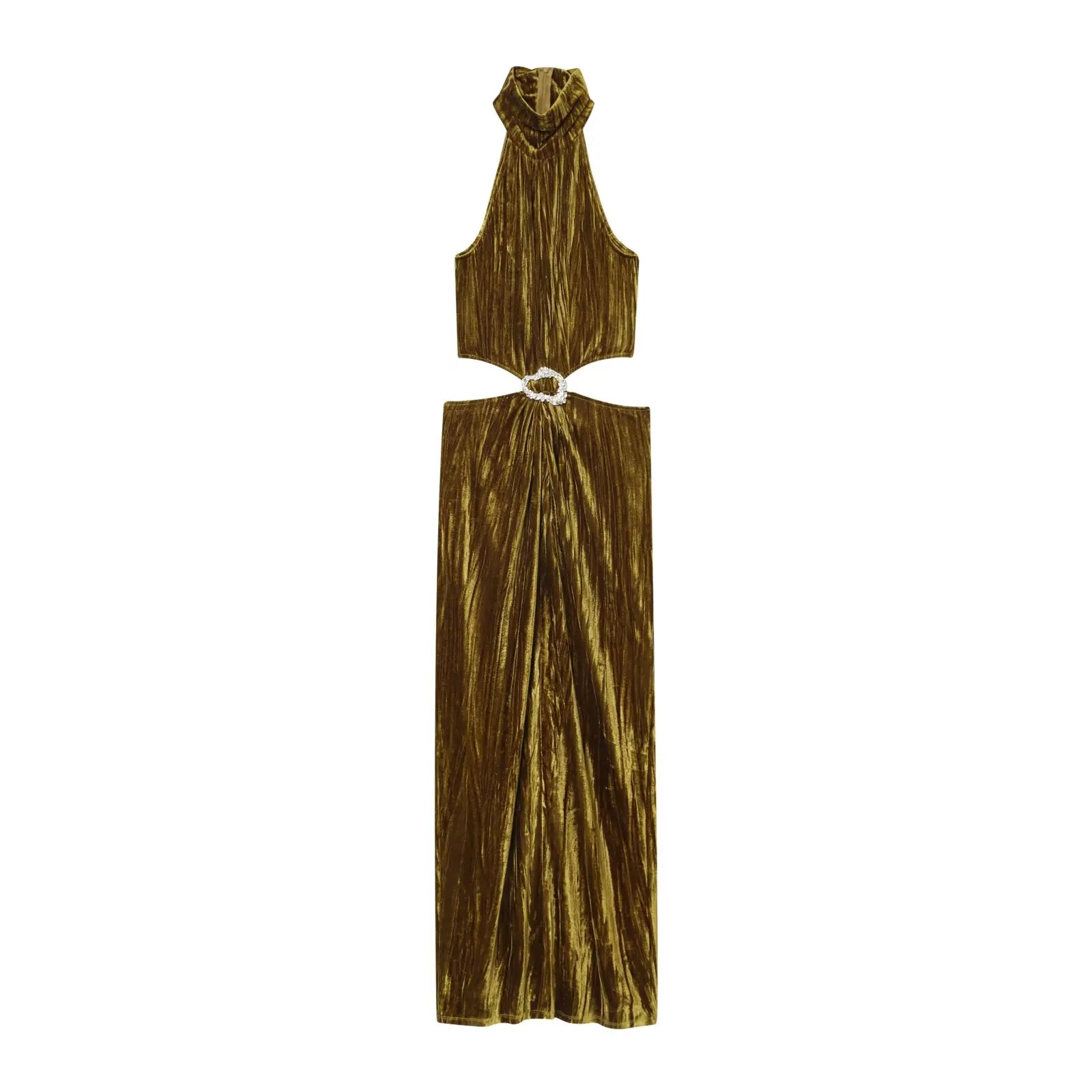 Gold Crushed Velvet Halter Maxi Dresses