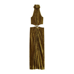 Gold Crushed Velvet Halter Maxi Dresses