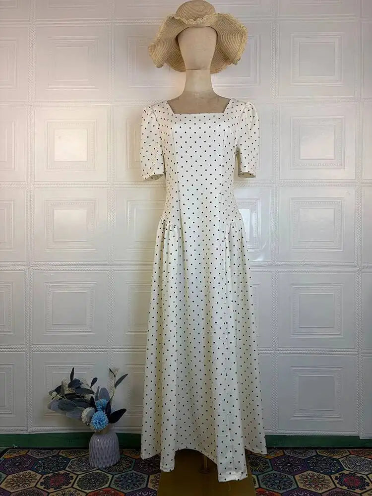Autumn Retro Polka Dot Square Neck Short Sleeved Dresses