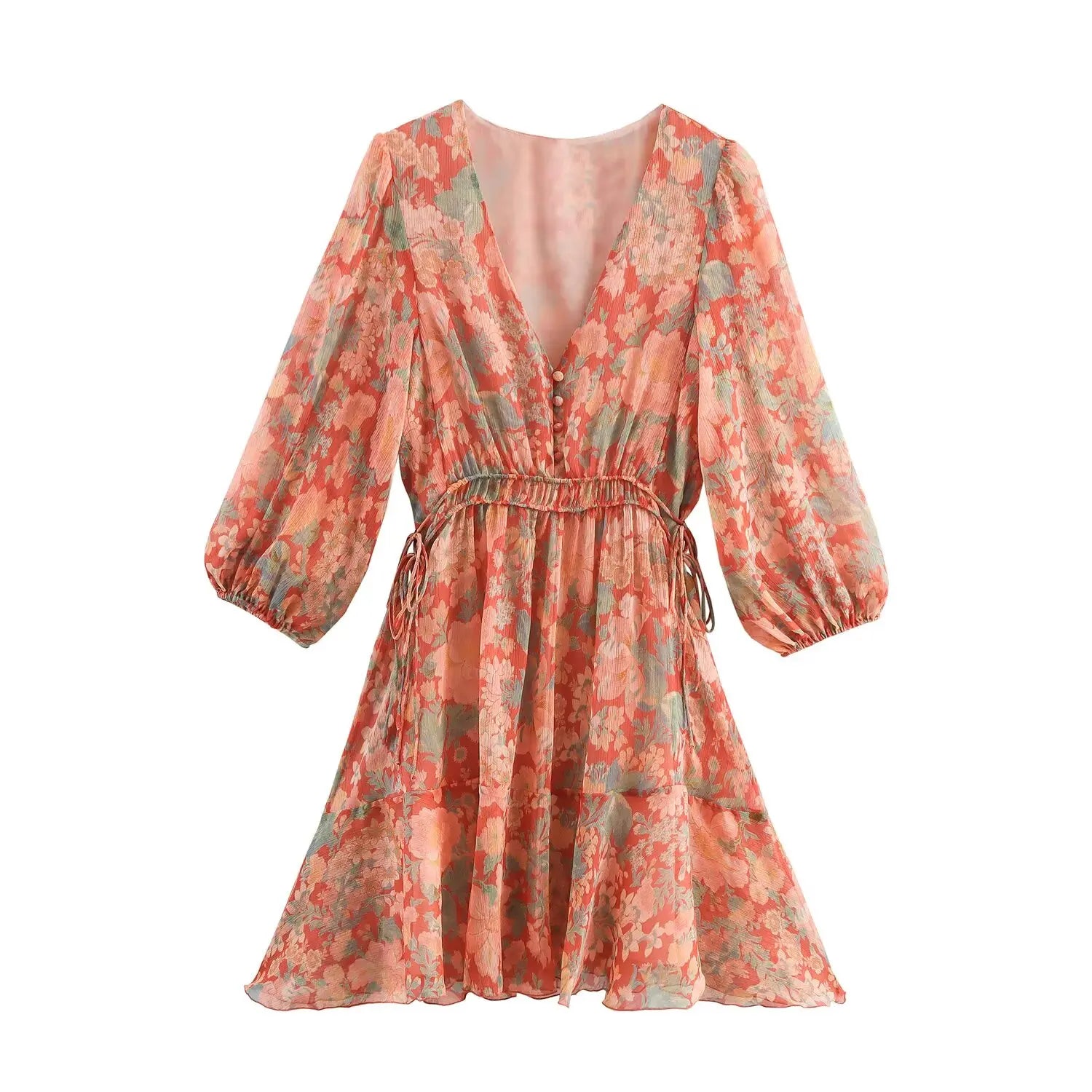 Vintage Puff Sleeve V Neck Floral Print Short Dresses