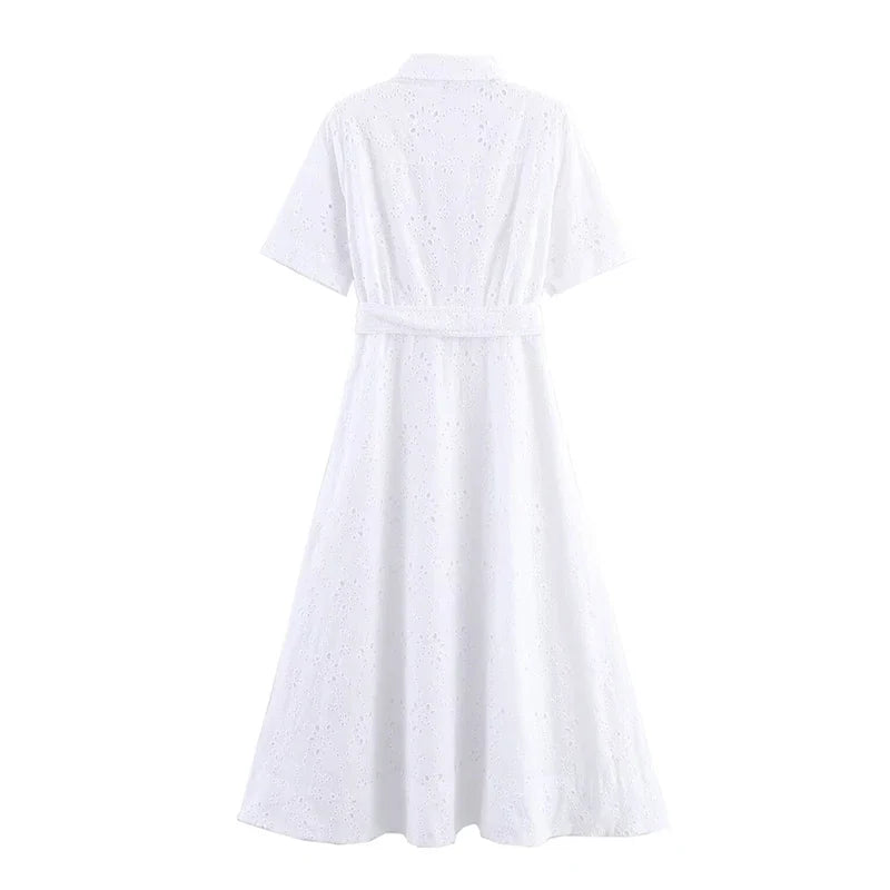 Hollow Out Embroidery White Shirt Dresses