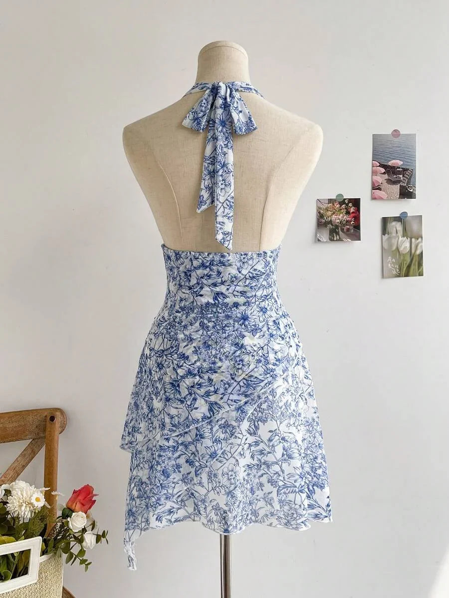 Summer Blue Floral Mesh Dress, V Neck Sexy Elegant Sweet Slim Fit Casual Party Dress