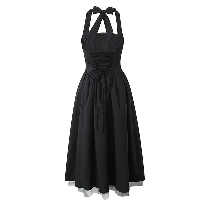 Sexy Backless Mesh Patchwork Halter Dresses