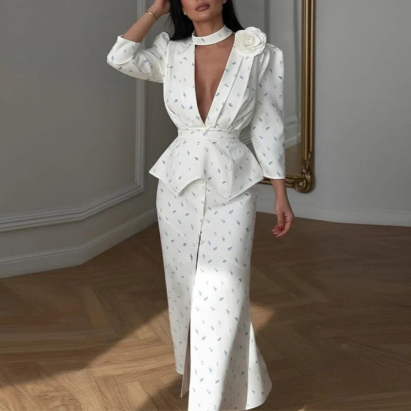 Temperament V-neck Puff Sleeve Printed Dresses