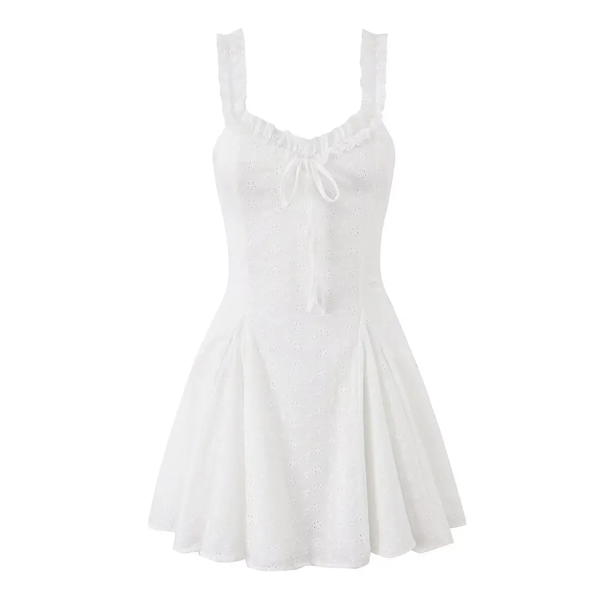 Hollow Out Embroidery White Mini Dresses Ruffle Trim V Neck Sleeveless Casual Summer Vacation Party Dress