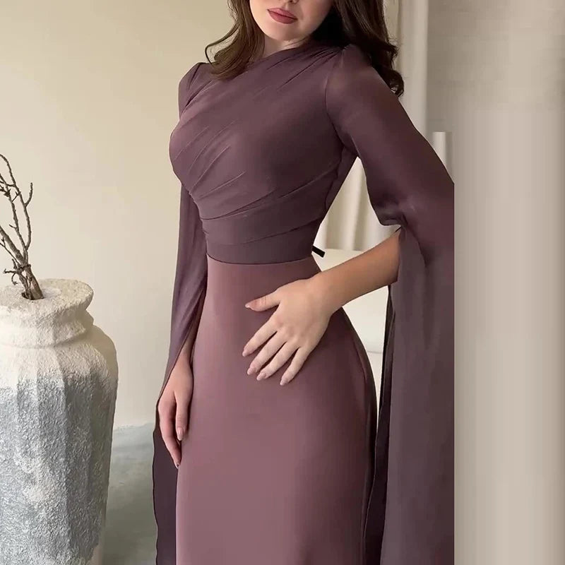 Elegant Batwing Sleeves High Waist Pleats Long Dresses