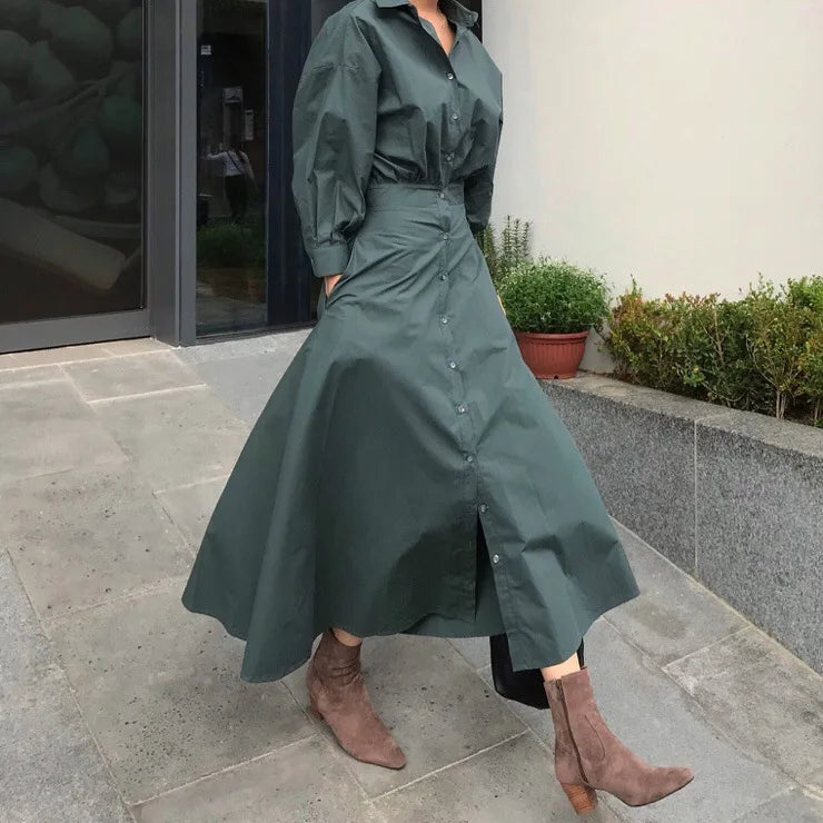 Retro Street Lapel Long Sleeve Shirts Dresses Autumn Slimming Waist Maxi Dresses 19DB2620