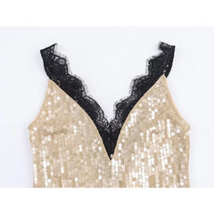 Romantic Lace Trim Sequin Dresses For Backless V Neck Sleeveless Party Sexy Dresses