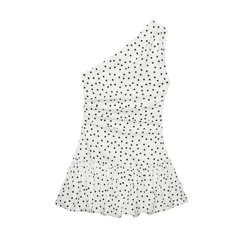 Sweet Girls Slanted Shoulder Polka Dot Mini Dresses