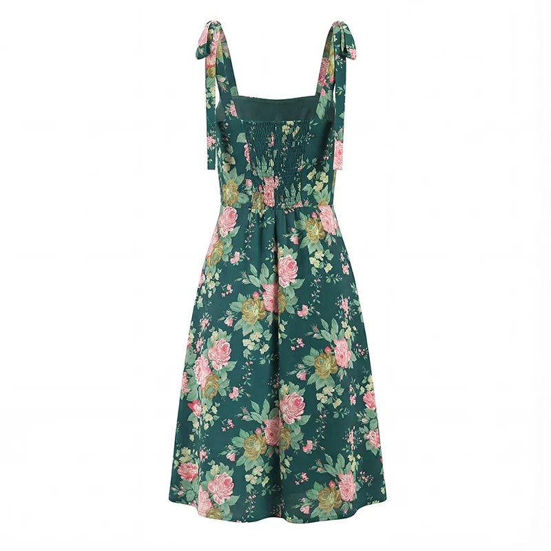 French Style Floral Print Holiday Summer Sleeveless Dresses Sexy Slit Square Neck A-line Midi Dresses