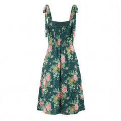 French Style Floral Print Holiday Summer Sleeveless Dresses Sexy Slit Square Neck A-line Midi Dresses